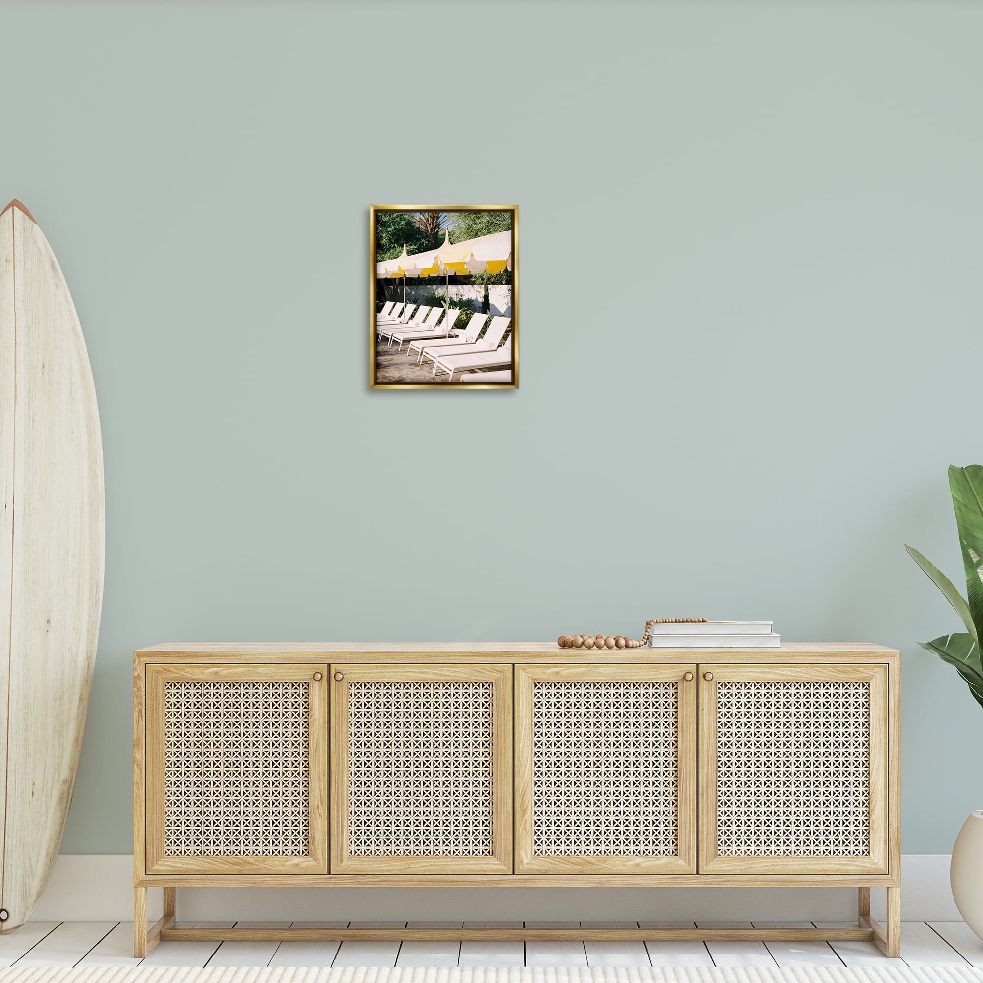 Stupell Industries Poolside Beach Chairs Landscape Photography Gold Floater Framed Canvas Art Print Wall Art, 17 x 21
