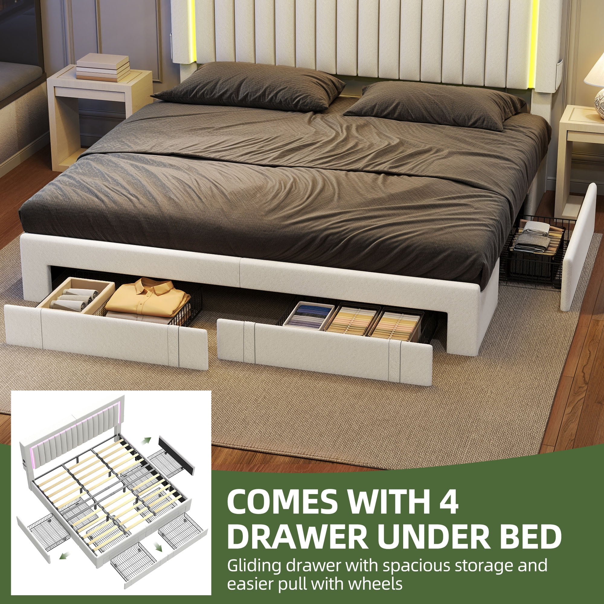 King Size Velvet Upholstered Platform Bed Frame with RGB LED Lights, 4 Storage Drawers & USB Ports (White)