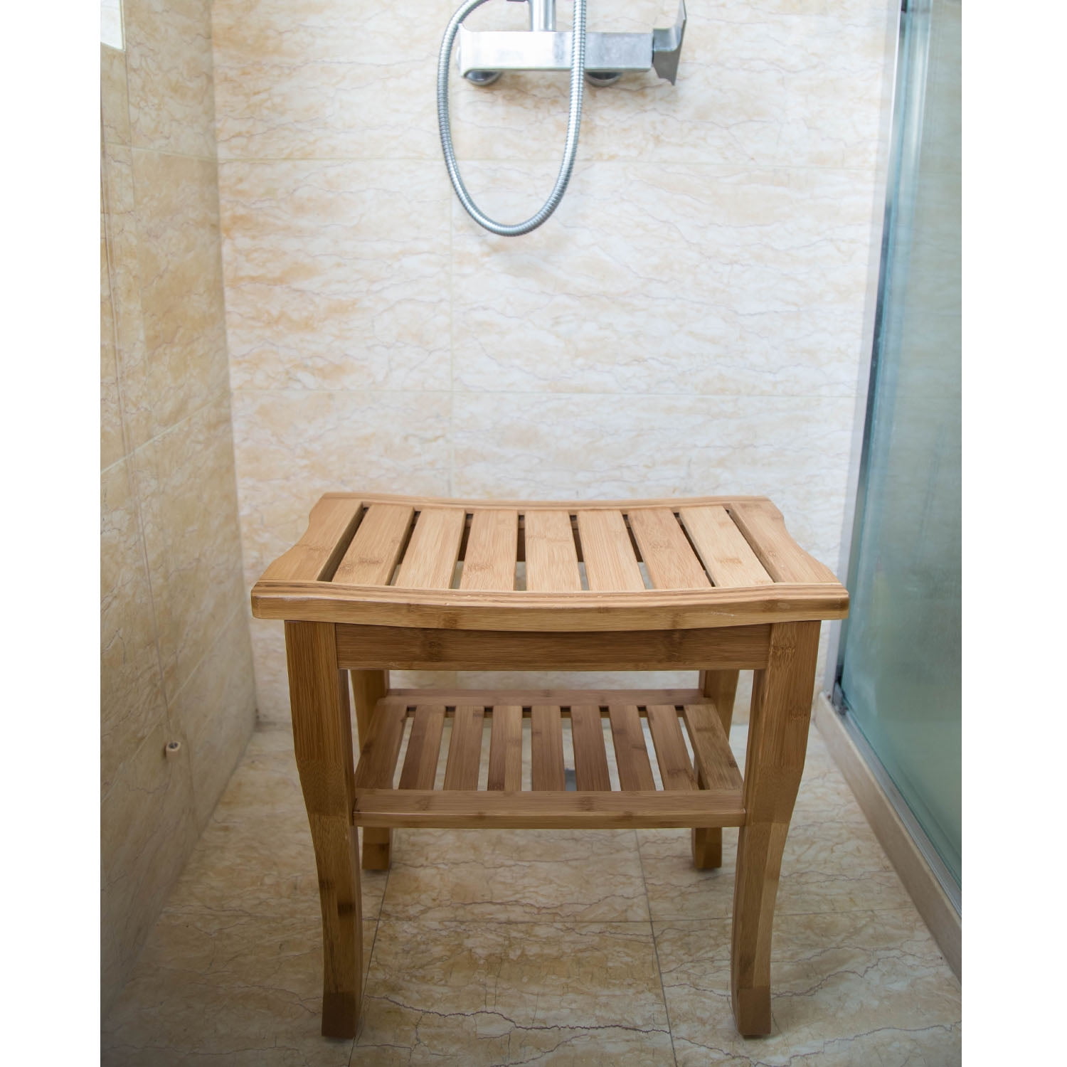 Natural Bamboo Anti-slip Shower Bench Seat Bathroom Spa Bath Organizer Stool W/Storage Shelf 60x33x47cm 