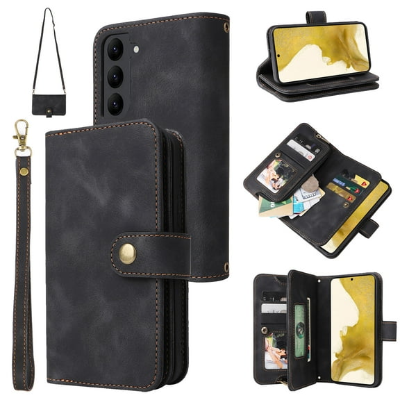 for Samsung Galaxy S23 Plus Wallet Case, [Card Slots] PU Leather ID Credit Holder Folio Flip Kickstand Magnetic Clasp Phone Cover & Lanyard & Shoulder Strap for Galaxy S23 Plus 6.6 inch, Black
