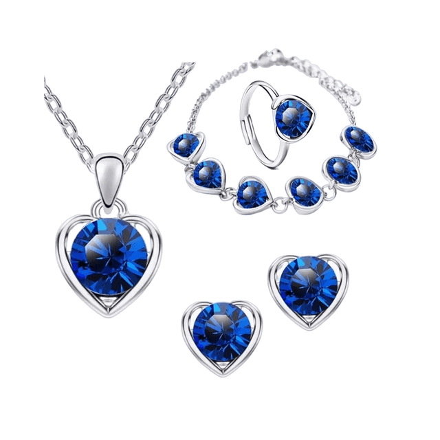4pcs Collar, Pendientes, Anillo Y Pulsera Corazón De Cristal Azul