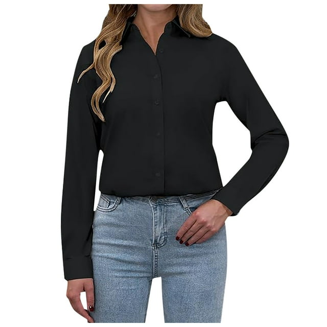 Women Stain Shield Dress Shirts Wrinkle Long Sleeve Solid Button Down Polyester Spandex Work Business