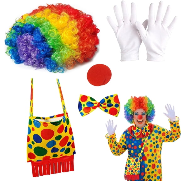 Forfamy 5 Pcs Clown Costume outfit for Women Men Clown Accessories Clown Nose, Wig, Bow, White Gloves for Christmas Carnival Halloween Cosplay Party