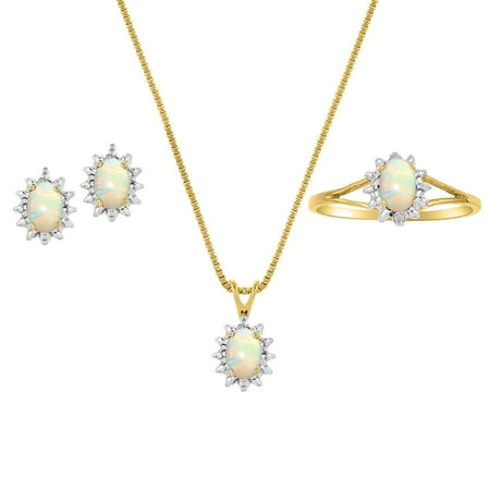 Genuine Natural Opal & Diamond Pendant, Earrings & Ring Set in 14K Yellow Gold Plated silver with Chain and Gift Box