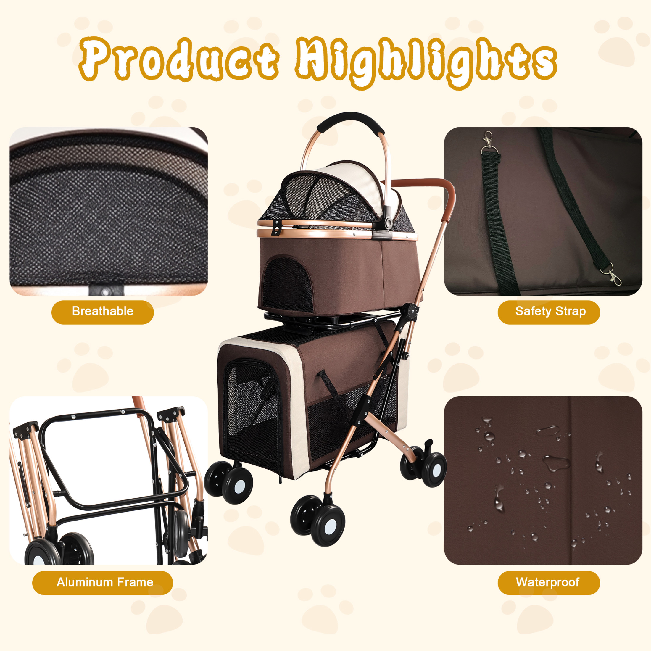 Noble House 3-in-1 Double Pet Stroller for Dogs & Cats with Detachable Carriers, Foldable Frame, Khaki