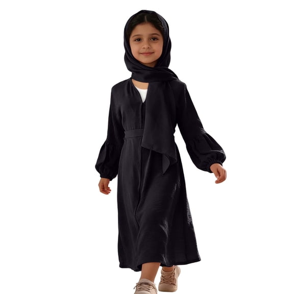 WOYY Big Girls Solid Color Lantern Sleeve Abaya Robe Dress with Hijab, Sizes 9-10