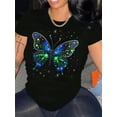 thumbnail image 1 of 1pc Women's Regular Size Casual Short Sleeve T-Shirt, Cotton Round Neck Top with Rhinestone Butterfly Design, Knitted Fabric, All Seasons, 1 of 6