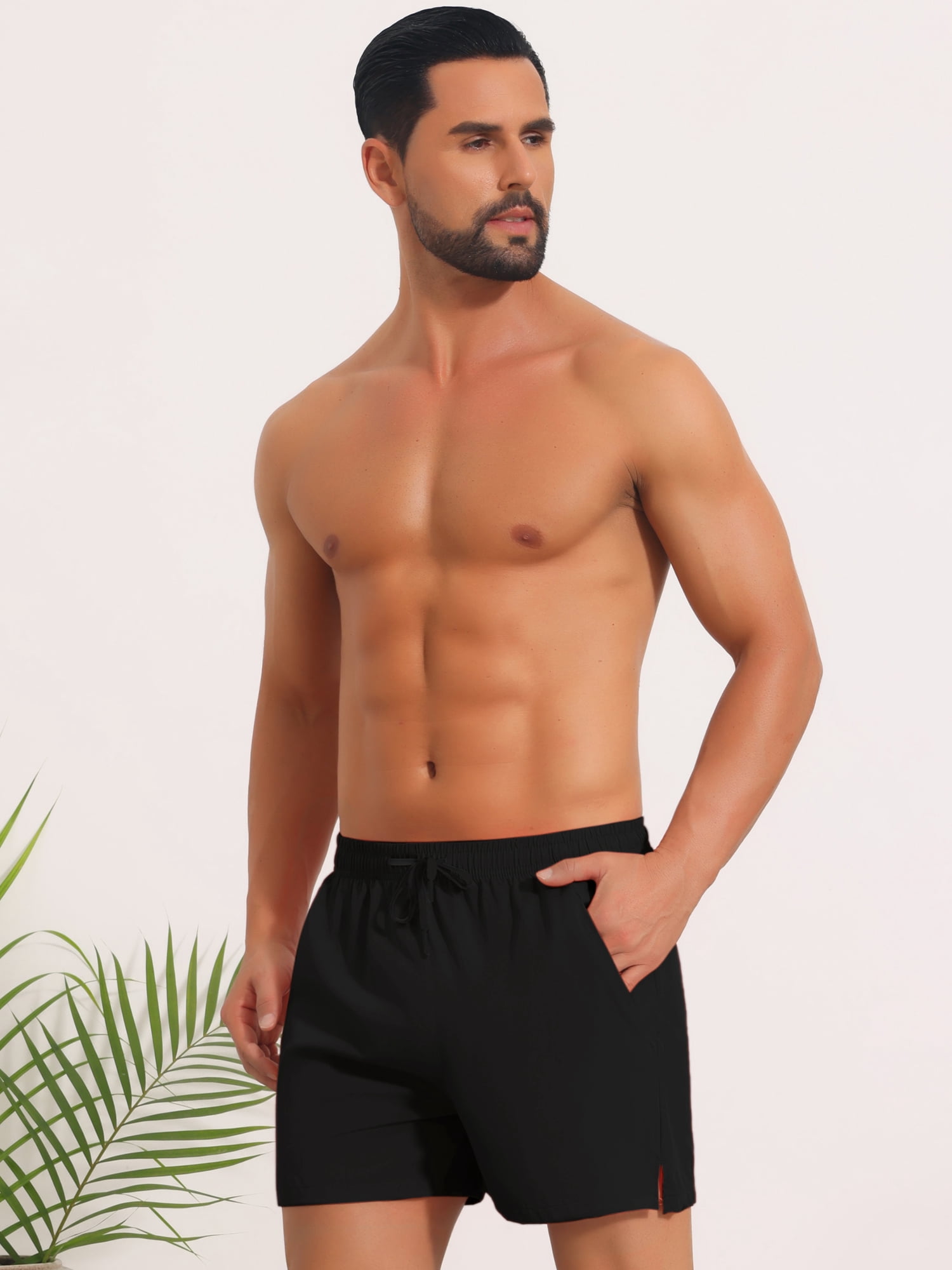 DARING DIVA Men's Summer Beach Elastic Waist Solid Board Shorts with Pocket 36 Black