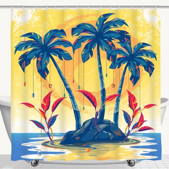 Vibrant Tropical Island Paradise Shower Curtain - Blue Trees & Colorful Ornaments for a Bright Bathroom Decor