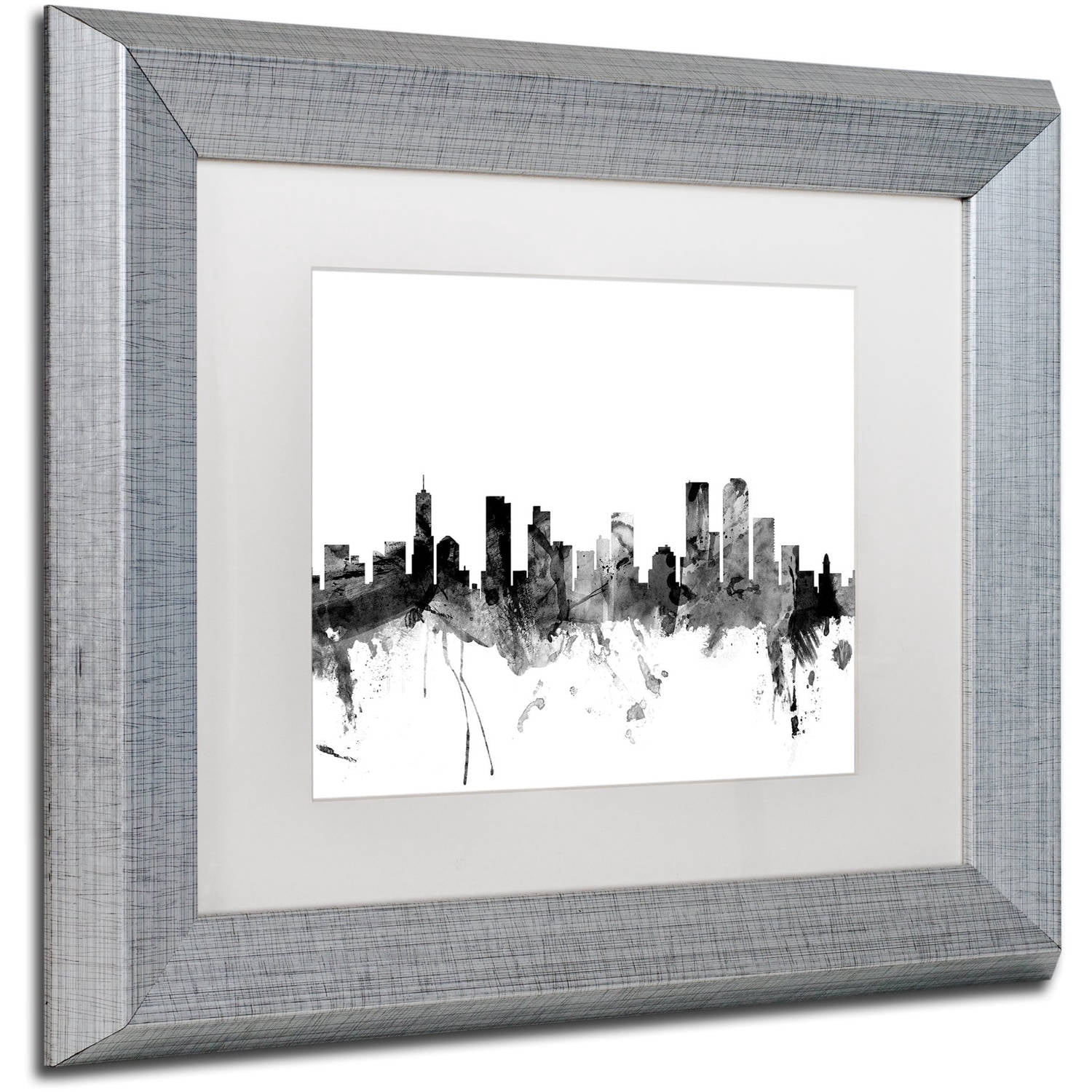 Trademark Fine Art "Denver Colorado Skyline B&W" Canvas Art by Michael Tompsett, White Matte, Silver Frame