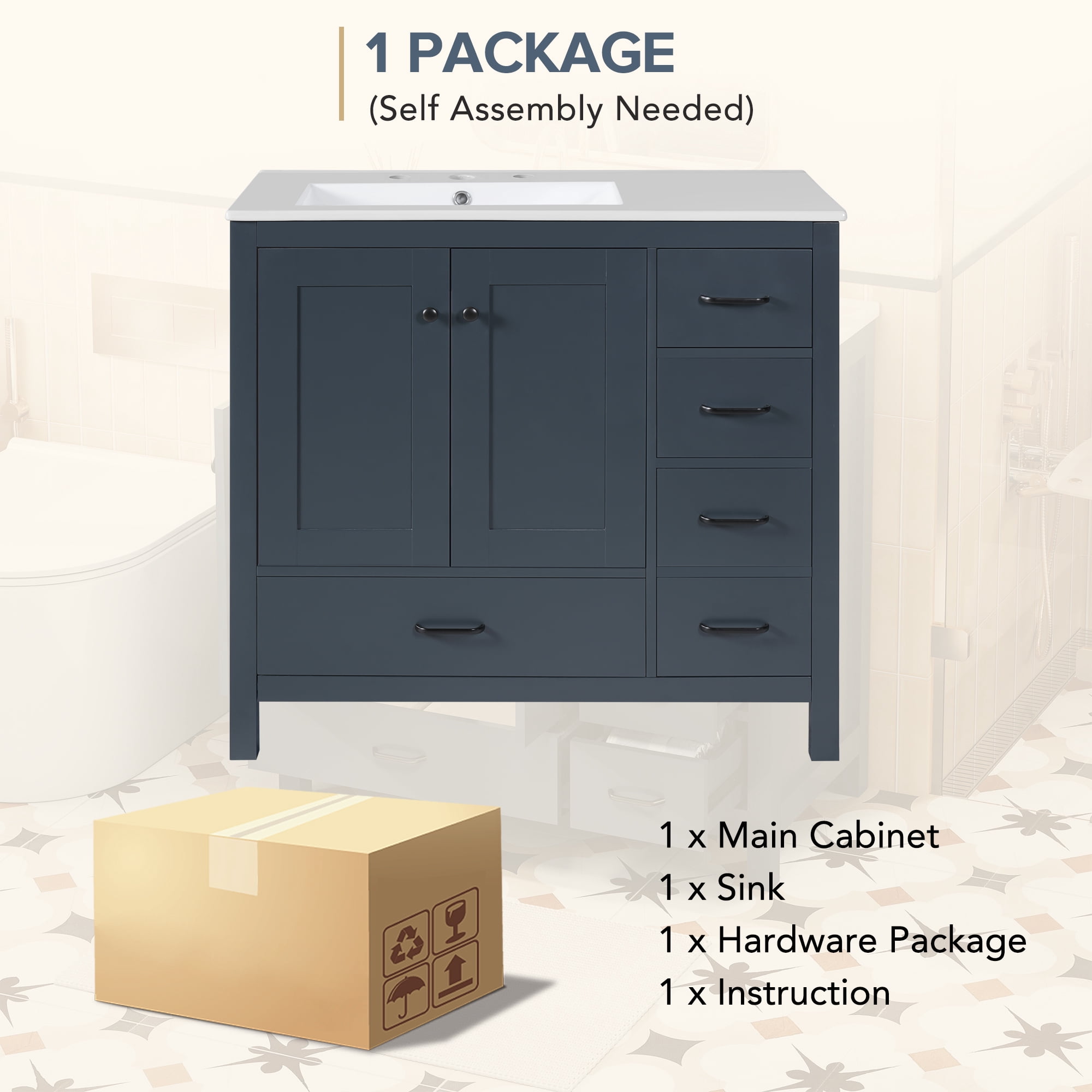 Euroco 36" Blue Bathroom Vanity with Ceramic Sink Combo, Abundant Storage Cabinet -2 Soft close doors and 5 drawers
