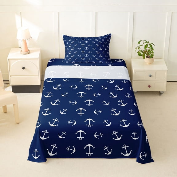 spefrowx Ocean Anchor Twin Sheets for Men, Navy Nautical Marine Bedding, 3 Pieces, 1 Flat Sheet, 1 Fitted Sheet and 1 Pillowcase