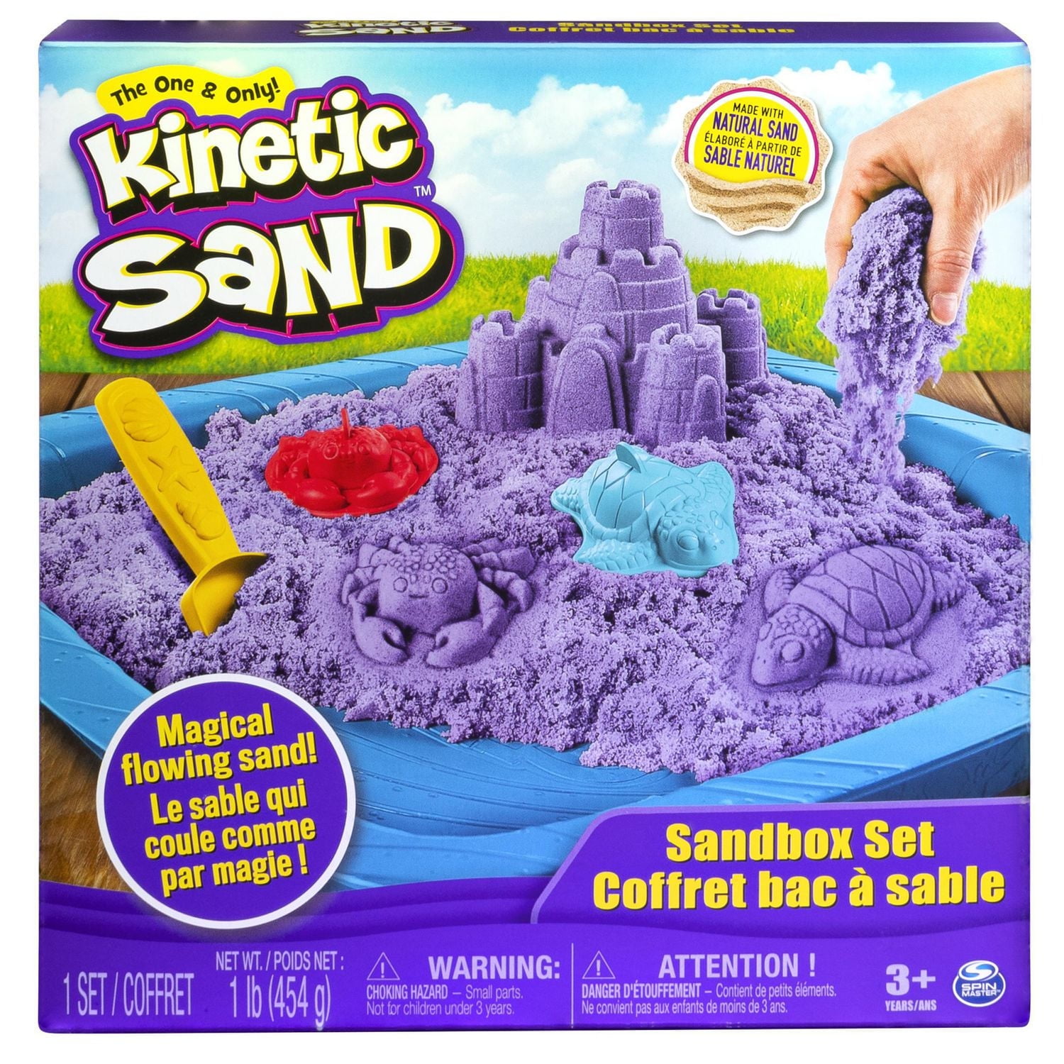 Kinetic Sand, Sandbox Set Kids Toy with 1lb All-Natural Purple Kinetic Sand and 3 Molds, Sensory Toys for Kids Ages 3 and up