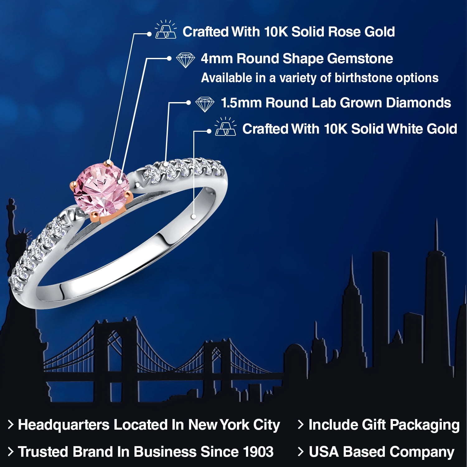 Gem Stone King 10K Two Tone Gold Pink and White Lab Grown Diamond Engagement Ring for Women | 0.43 Cttw | Round 4MM | Gemstone April Birthstone | Size 6