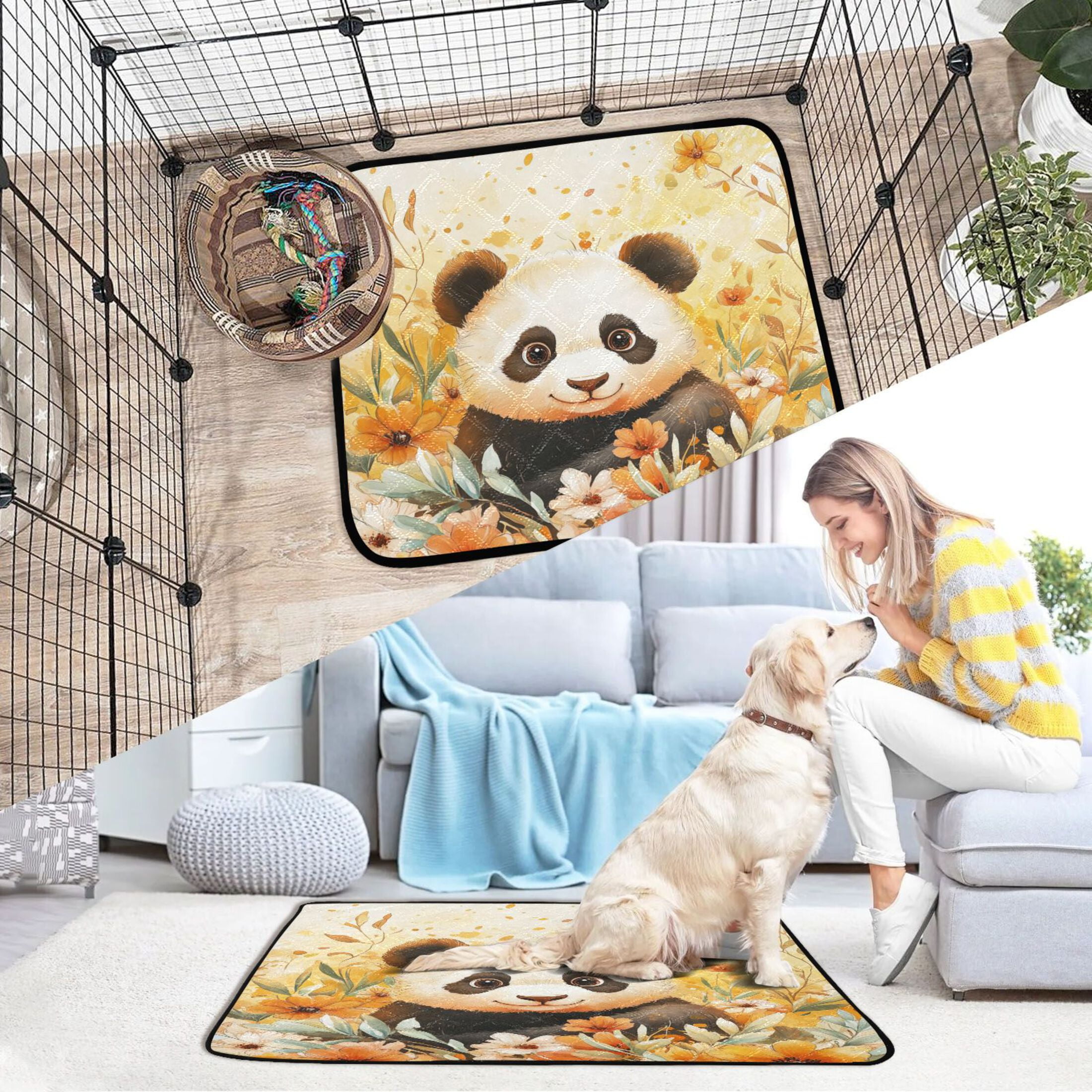 Qxltty Cute Panda Surrounded by Flowers Cat litter Pads Pet Set of 3 Diaper Mats Center Anti-leakage Layer Absorbent Soft and Comfortable
