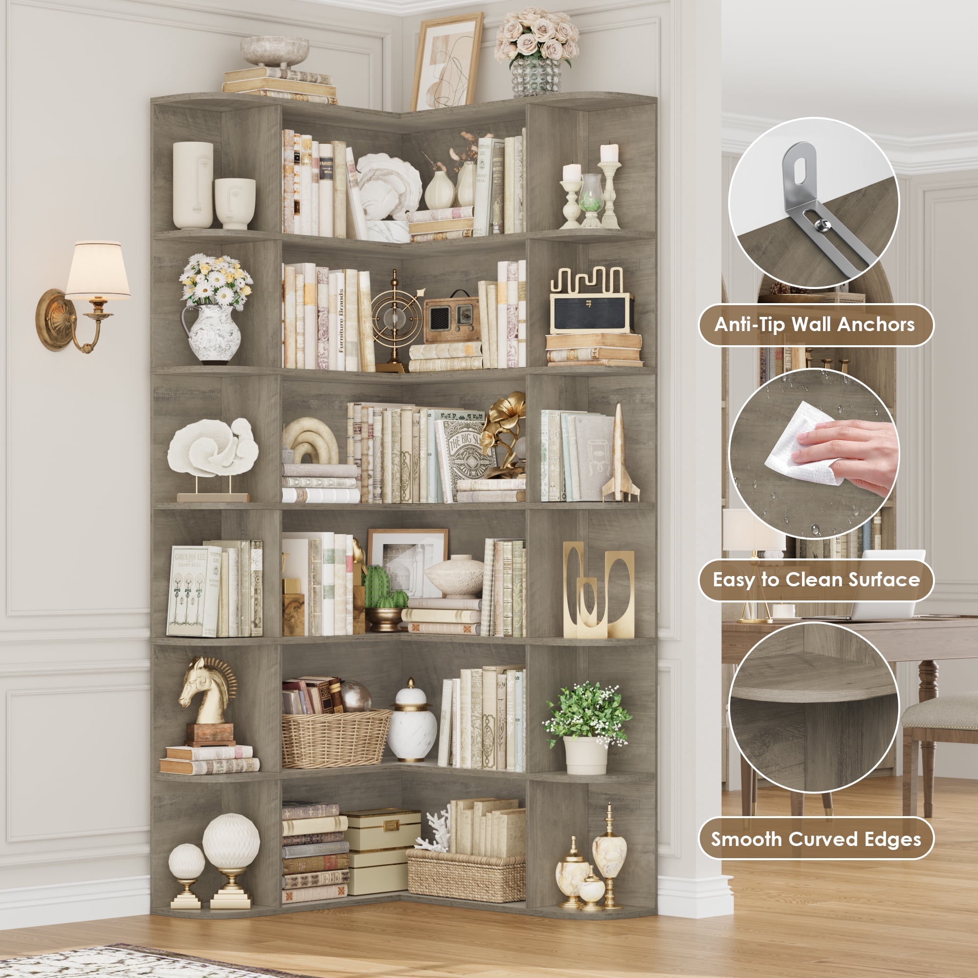Homfa 73.9” Tall Corner Bookshelf, 6 Tier L-Shaped Large Display Bookcase with Curved Edges for Living Room Home Office Study, Gray