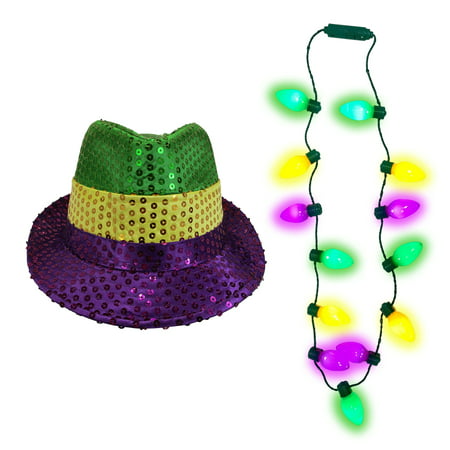 Mardi Gras Sequin Jazz Fedora Top Hat & Bulb Necklace Adult Costume