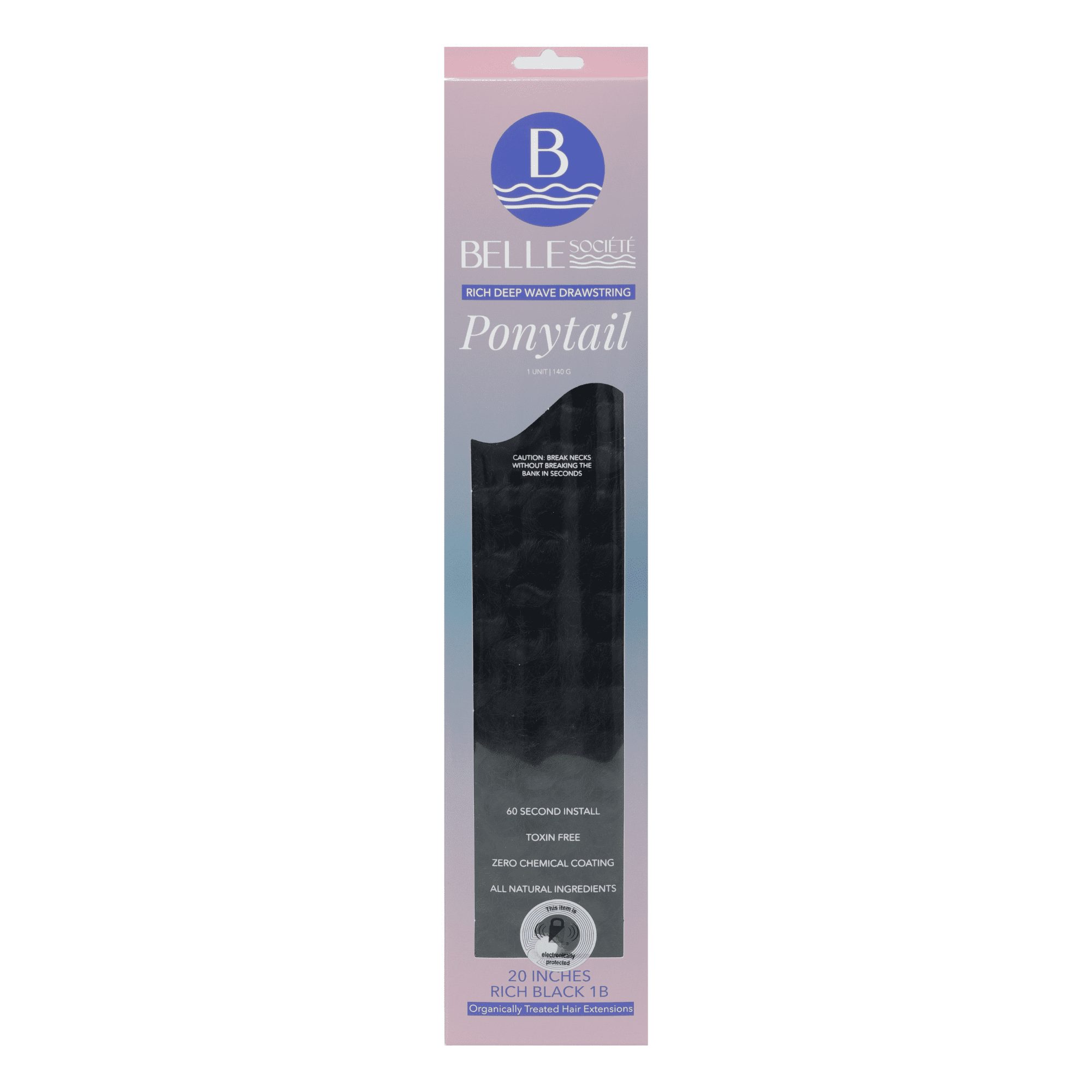 Belle Societe Deep Wave Drawstring Ponytail Extension, 20in, 140g, Color 1B, Non-Toxic, Organically Treated, Quick Easy Install
