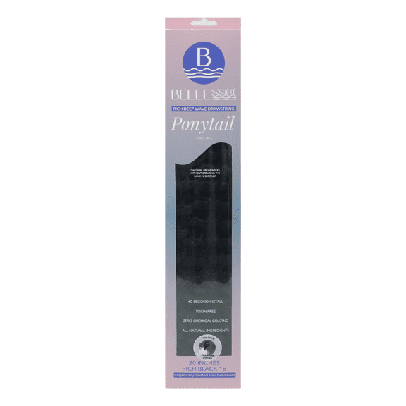 Belle Societe Kinky Straight Drawstring Ponytail Extension, 20in, 140g, Color 1B, Non-Toxic, Organically Treated, Quick Easy Install