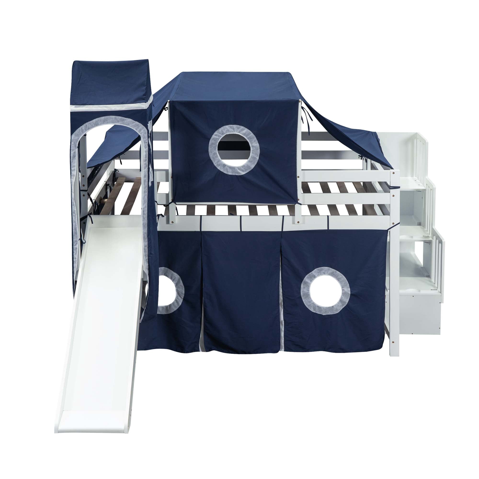 Aukfa Full Size Loft Bed with Slide - House Loft Castle Bed with Stairway Tent Tower for Kids - Navy
