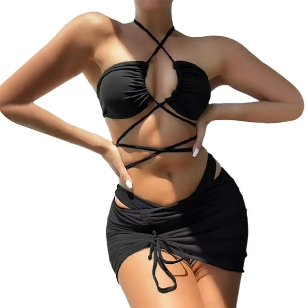 Gibobby Trajes de Baño para Mujer Mujeres Casual Sólido Hollow Correa Sexy Bikini Traje de baño Falda de baño Traje de baño de malla de piezas(Negro,CH)