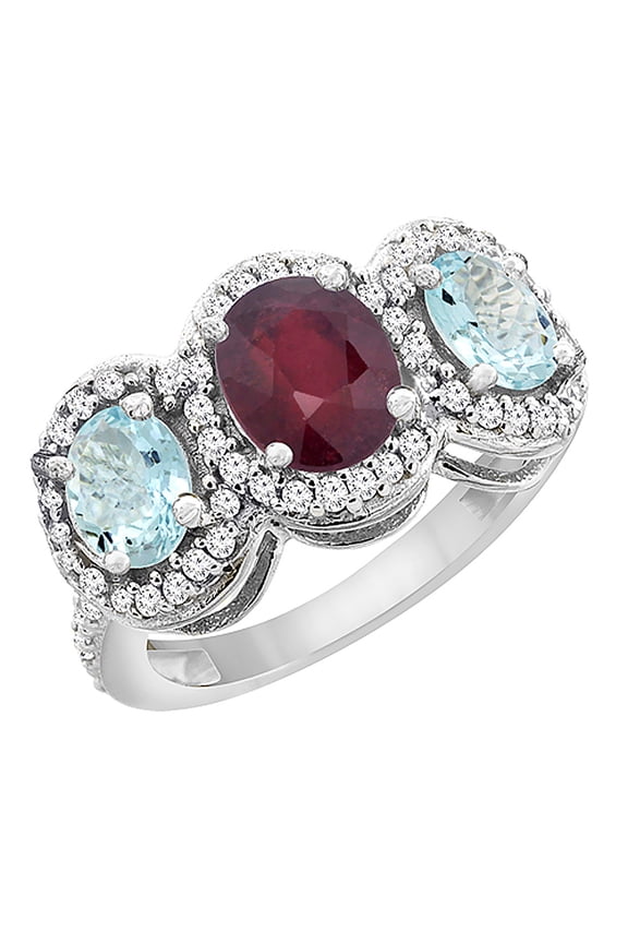 14K White Gold Natural HQ Ruby & Aquamarine 3-Stone Ring Oval Diamond Accent, size 5