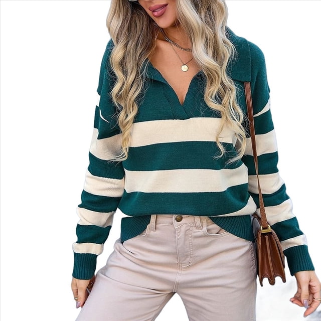 Suéter de Rayas con Cuello en V para Mujer, Jersey de Punto Holgado de Larga, Tops de Otoño. Verde Oscuro L