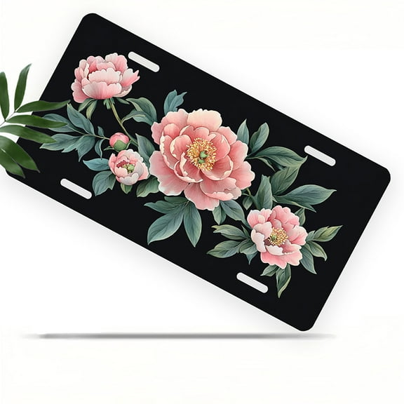 License Plate, Pink Peonies on Black Decorative Front,Personalized Stainless Steel License Plate Cover For Men Women,12.2" X 6.2"