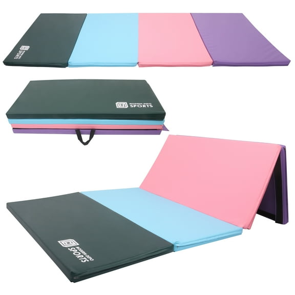 Gymnastics Mat 8'x4'x2" Foldable Tumbling Mats with Carrying Handles Four Fold Thick Exercise Mat for Home Aerobics Stretching Yoga, Purple & Pink & Blue & Green