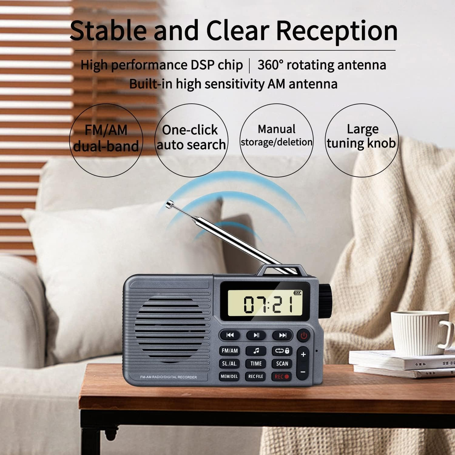 Portable AM/FM Radio with Bluetooth Speaker, Recording, Alarm Clock, and Long Battery Life | Compact Design for Home, Outdoor, and Travel