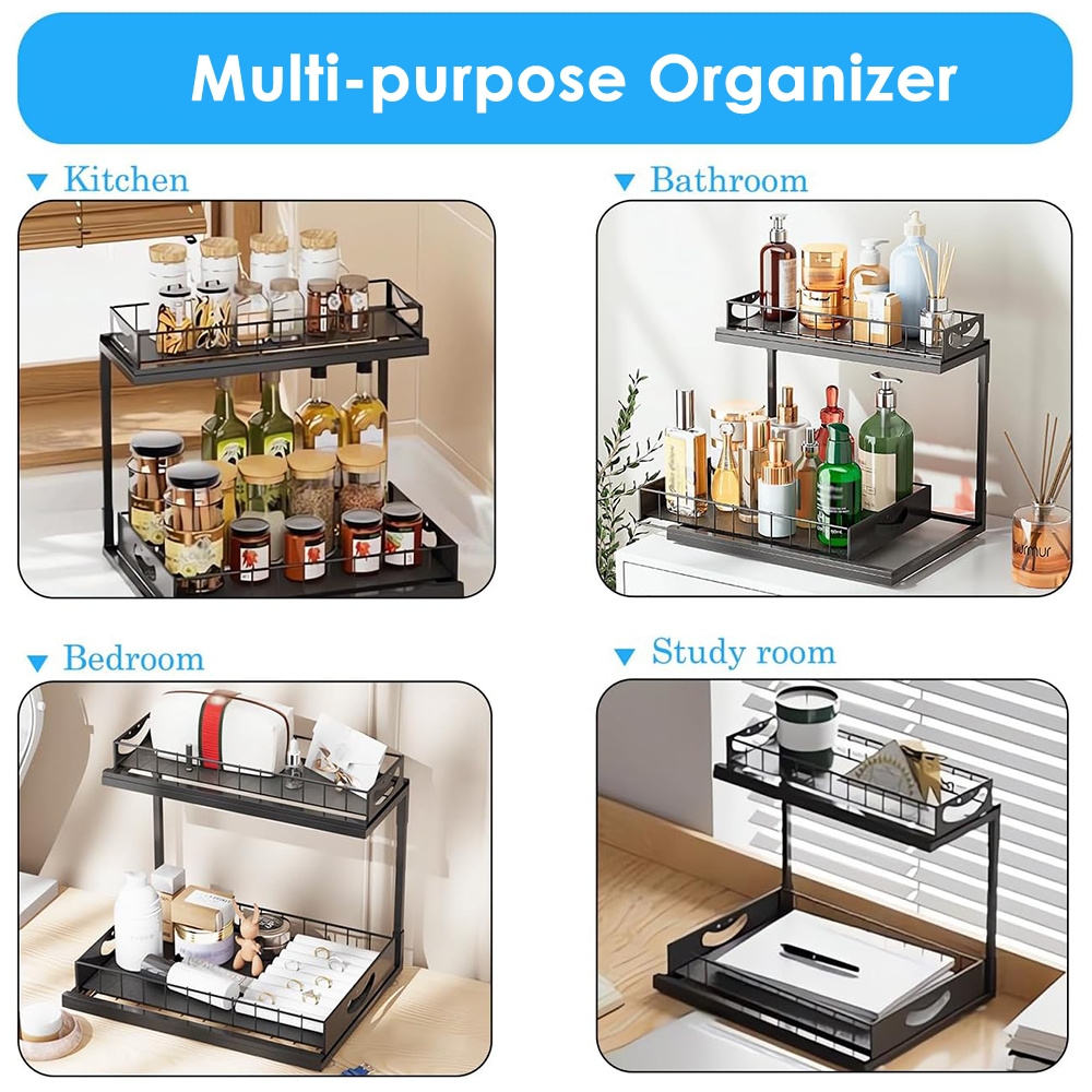 XMZHOU 2 Tiers Kitchen Pull Out Counter Sliding Drawer Shelf, Bathroom Under Sink Organizer, Sturdy And Solid Cabinet Storage For Kitchen Bathroom Home, Black