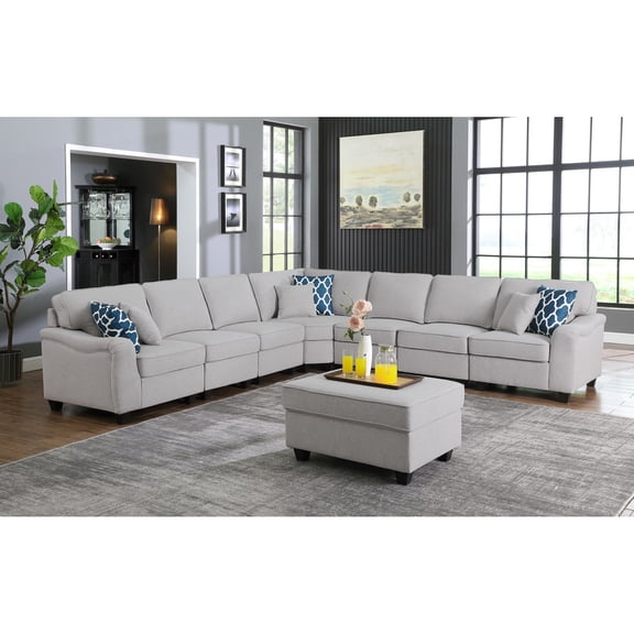 Miekor Furniture Leo 125" Light Gray Linen 8Pc Modular L-Shape Sectional Sofa and Ottoman 45109