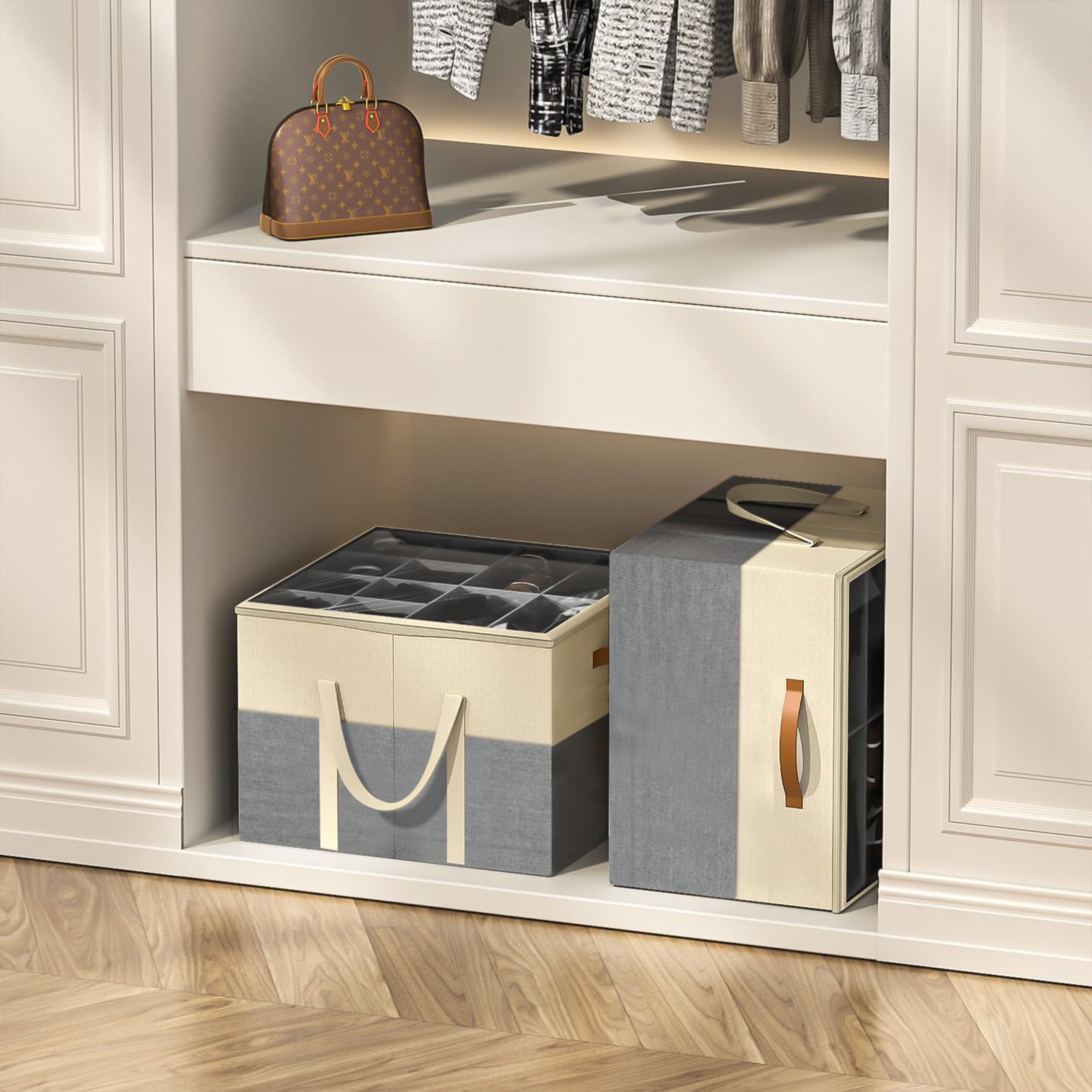 Aokeyee Shoe Storage for Closet, 2 Pack Shoe Box Organizer Containers with Clear Cover and Reinforced Handles, Fits 16-32 Pairs, Beige and Grey
