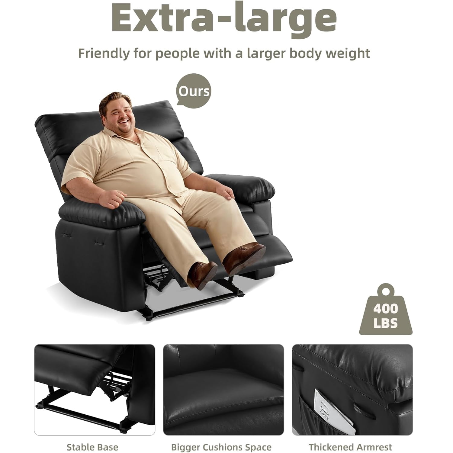 Shininglove 400LB PU Leather Recliner Chair w/Overstuffed Padding – Manual Recliner for Living Room, Bedroom | Oversized Comfort, 22" Seat