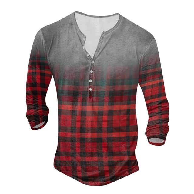 Men's T Shirts Patchwork Color Crew Neck Button Up Large Size Digital Printed Long Sleeve Athletic Shirts Mens Red L