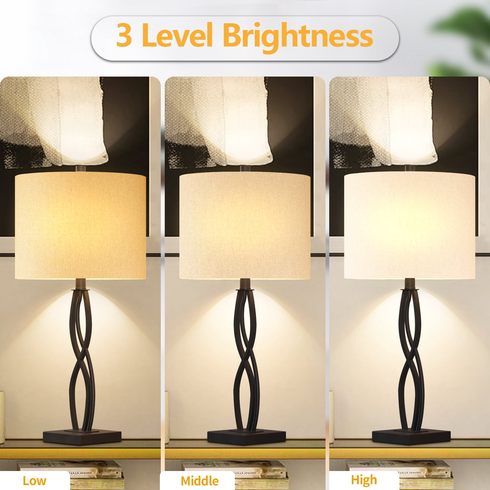 Maxax 26" Large Black Table Lamp Set of 2 – Modern Metal Nightstand Lamps with White Fabric Shades for Living Room, Bedroom, and Office