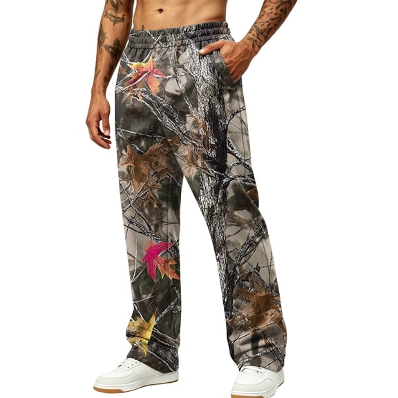 Dwelliawo Men's Baggy Camo Graphic Print Sweatpants Workout Athletic Joggers Pants for Men Wide Leg Hunting Sweat Pant Gray L