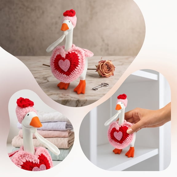 Desktop Goose Knit Costume Set, Crochet Rose Hat with Heart Ornament, Soft Stretch Yarn Outfit for Tabletop Figurine, Romantic Shelf Mantel Decor, Topliu