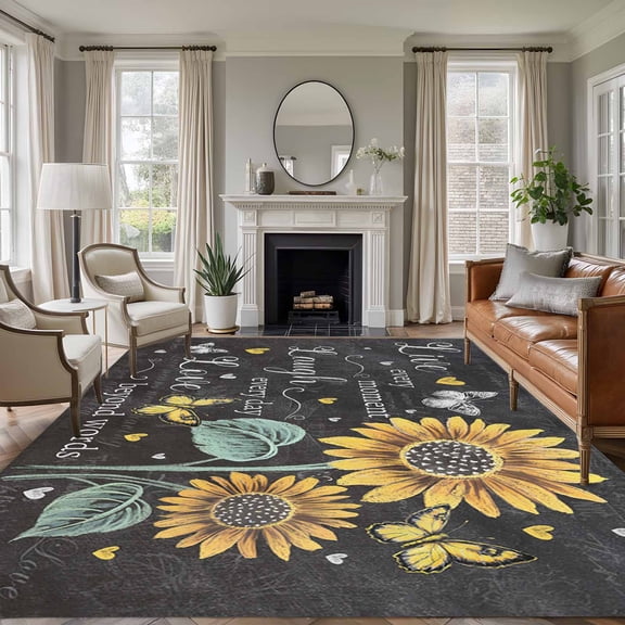 Retro Sunflower Area Rugs 6x9 for Living Room, Spring Summer Farmhouse Floral Butterfly Non Slip Washable Rug Runner, Low Pile Indoor Floor Carpet Mat Bathroom Rugs for Bedroom, Kids Room