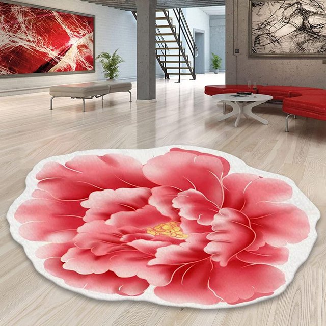Floral Area Rugs Peony Flower Shape Area Rugs Non-Slip Rugs Floral Shaggy Carpet Bath Mat for Bedroom, Dorm, Luxury Room Decor, Pink, 2.6'x2.6'
