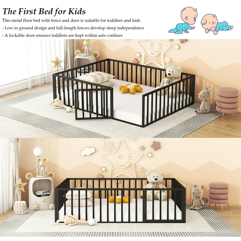 Bellemave Queen Floor Bed with Fence Rails and Lockable Door Queen Metal Floor Bed for Toddler Child Boys Girls Metal Bed Frame Montessori Floor
