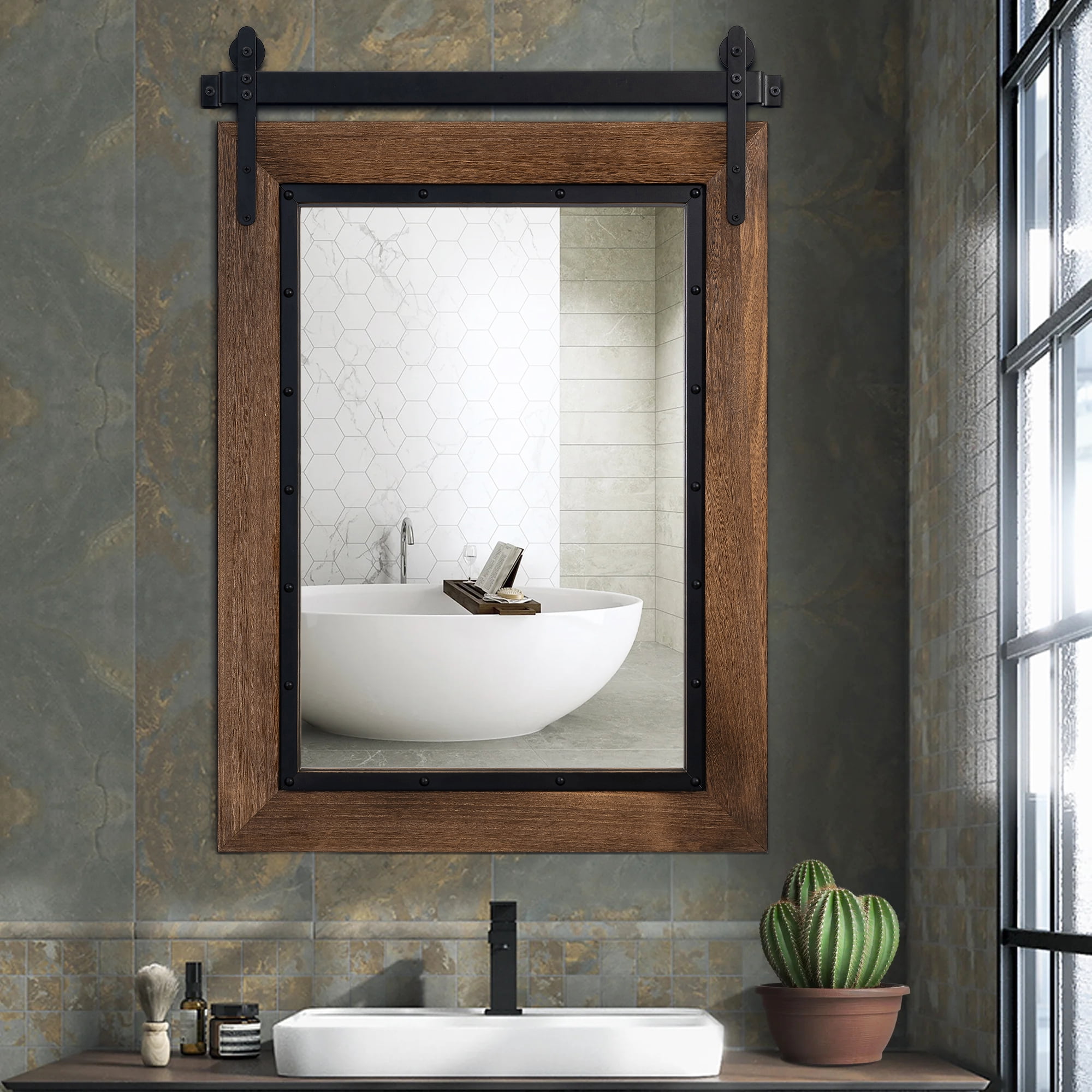 YOSHOOT Farmhouse Barn Door Mirror,32"x24" Rustic Bathroom Mirror, Wood Frame Wall Mirror, Wooden Mirror for Living Room Bedroom Entryway Wall Décor