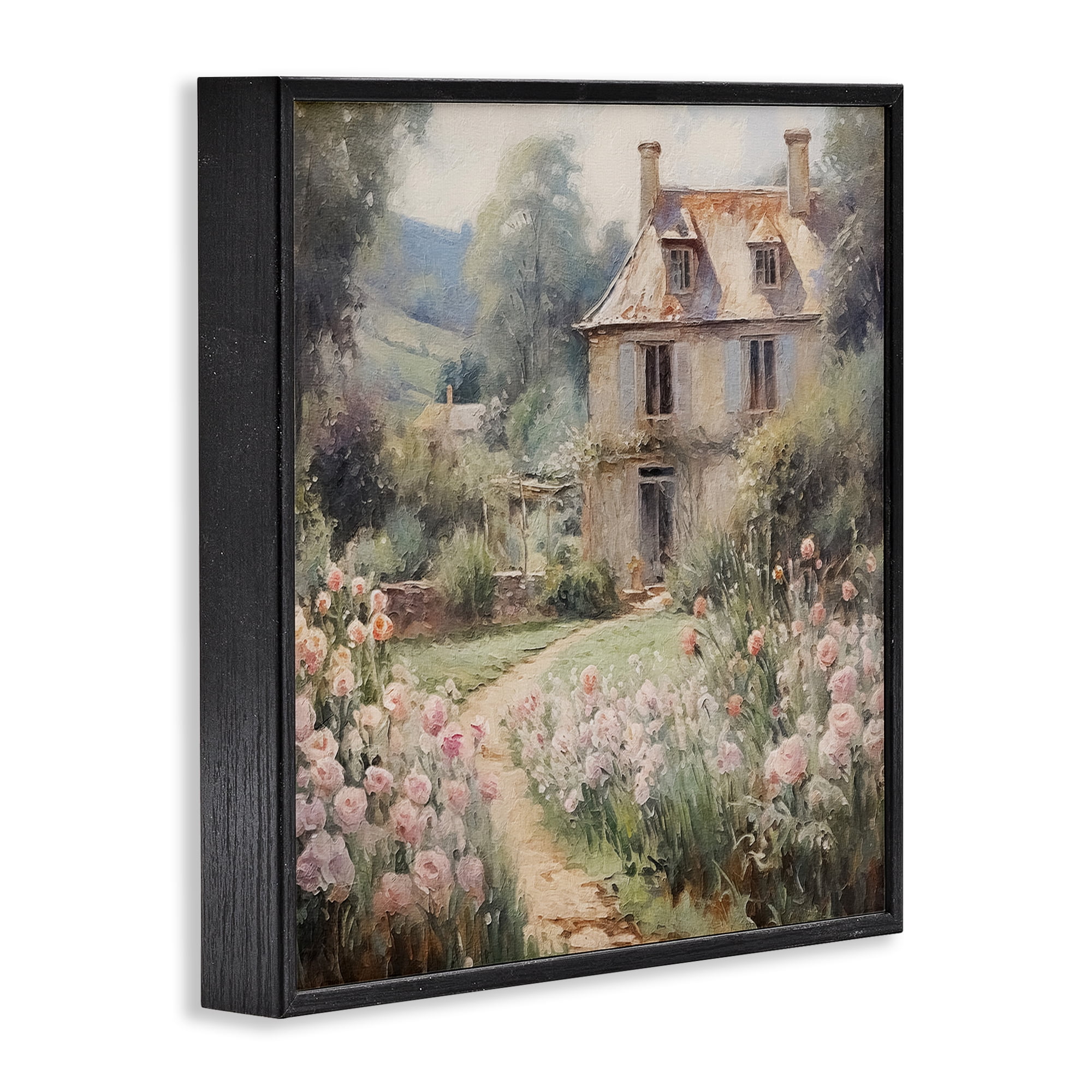 Stupell Industries French Garden Cottage Landscape Painting Black Framed Art Print Wall Art, 24 x 24