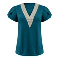thumbnail image 4 of Women's V Neck Lace Stitching Top - Short Sleeve, Loose Fit, Hollow Design - Summer Casual T Shirt, 4 of 4