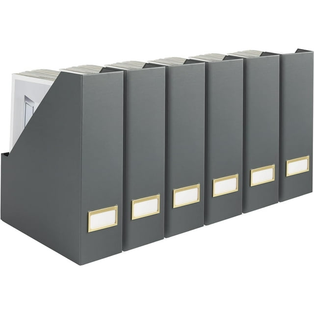 BLU MONACO Set of 6 Foldable Grey Magazine Holders with Gold Label Holders \u2013 Stylish File Boxes for Home Office Desktop, Bookshelf, or Classroom Organization