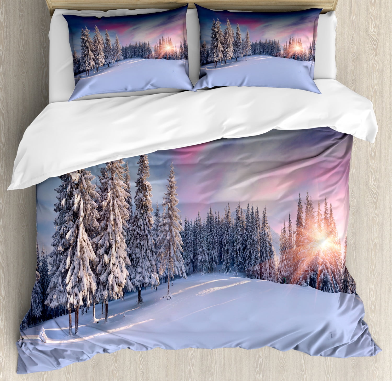 Winter Duvet Cover Set King Size, Idyllic Panorama of Winter Sunrise in