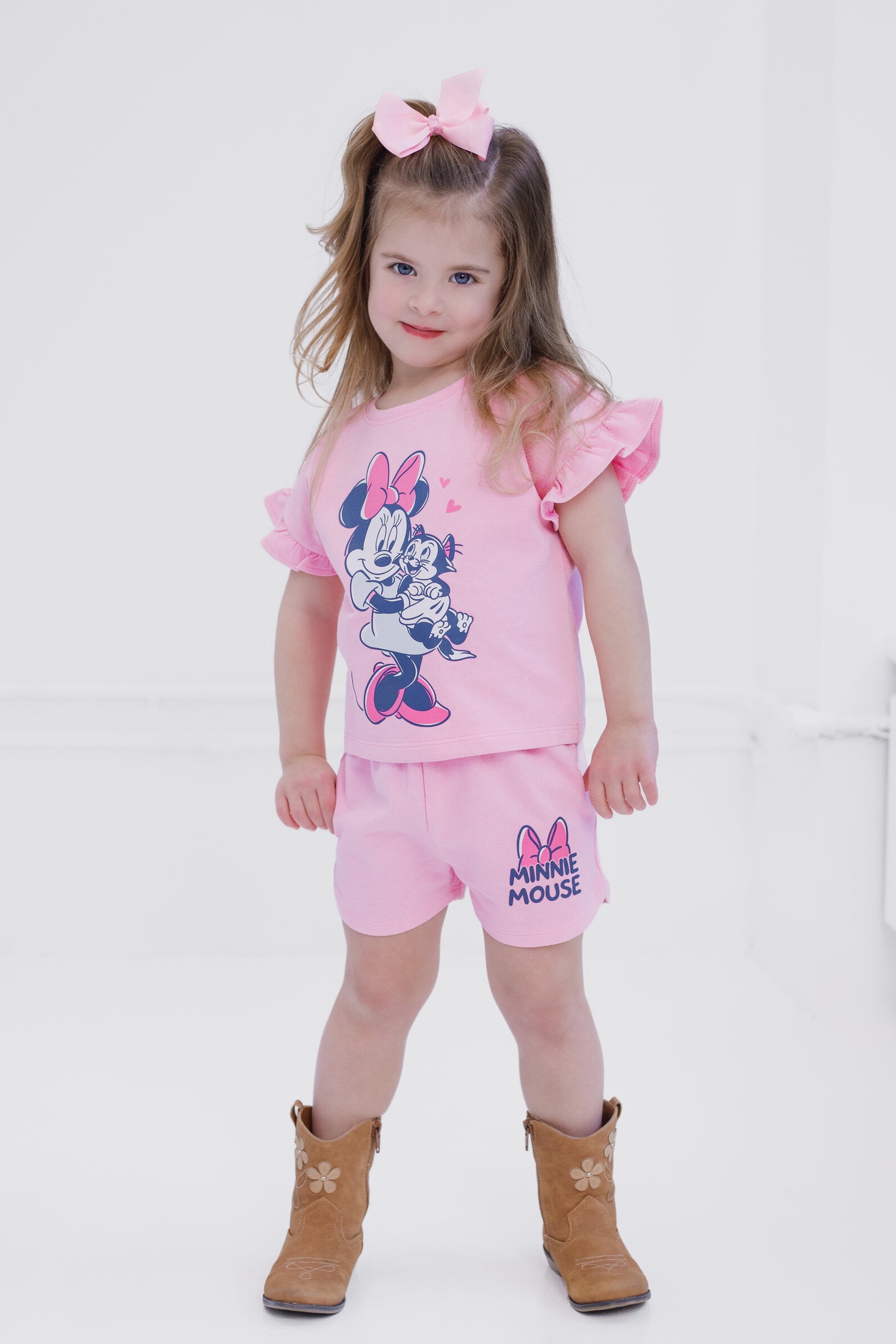 Disney Minnie Mouse Baby Girls' Short Sleeve Graphic T-Shirt and French Terry Shorts Set Pink Optic Wash Minnie Mouse