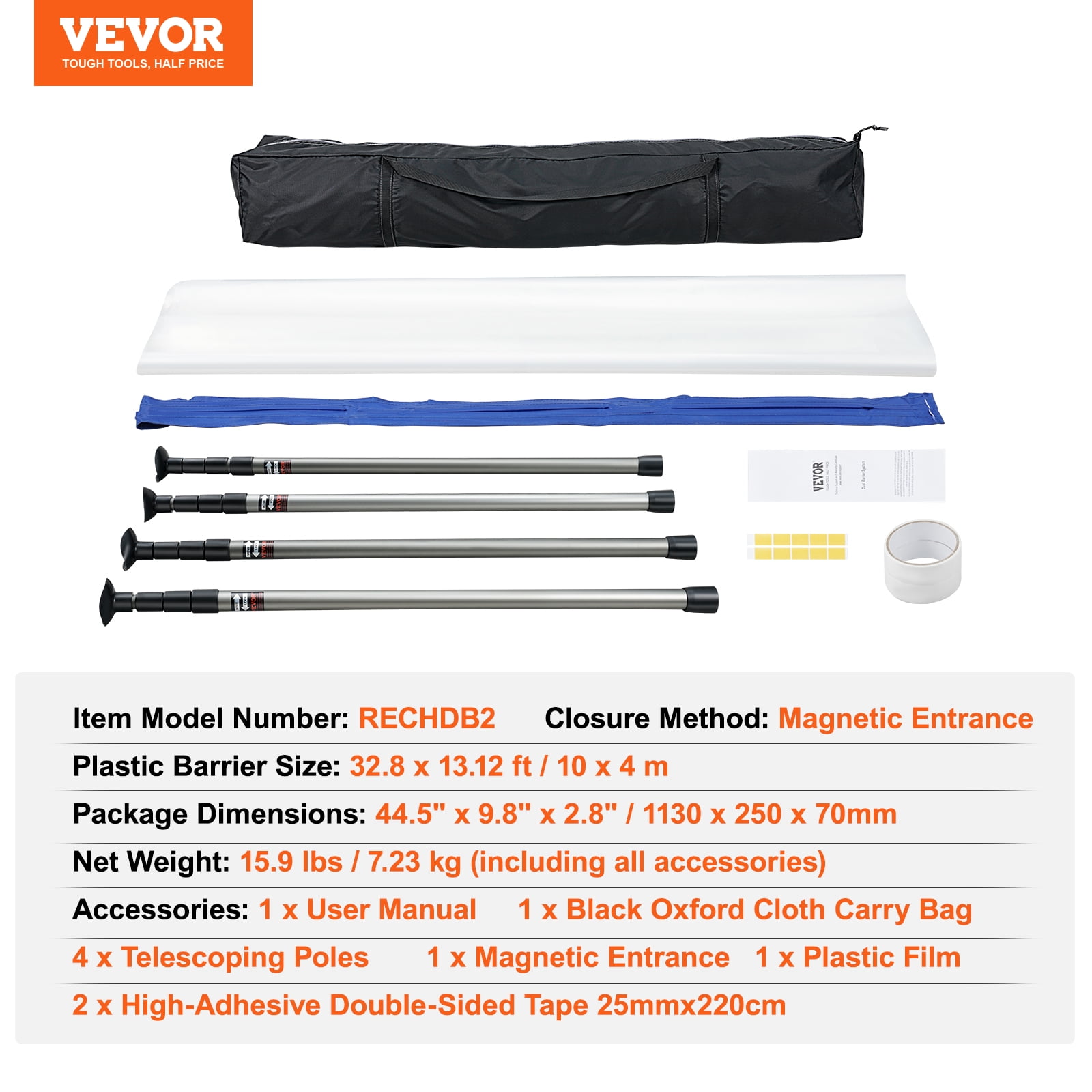 SKYSHALO 12 ft Dust Barrier with Telescoping Poles and Magnetic Zipper Plastic Film, 15.9 lbs