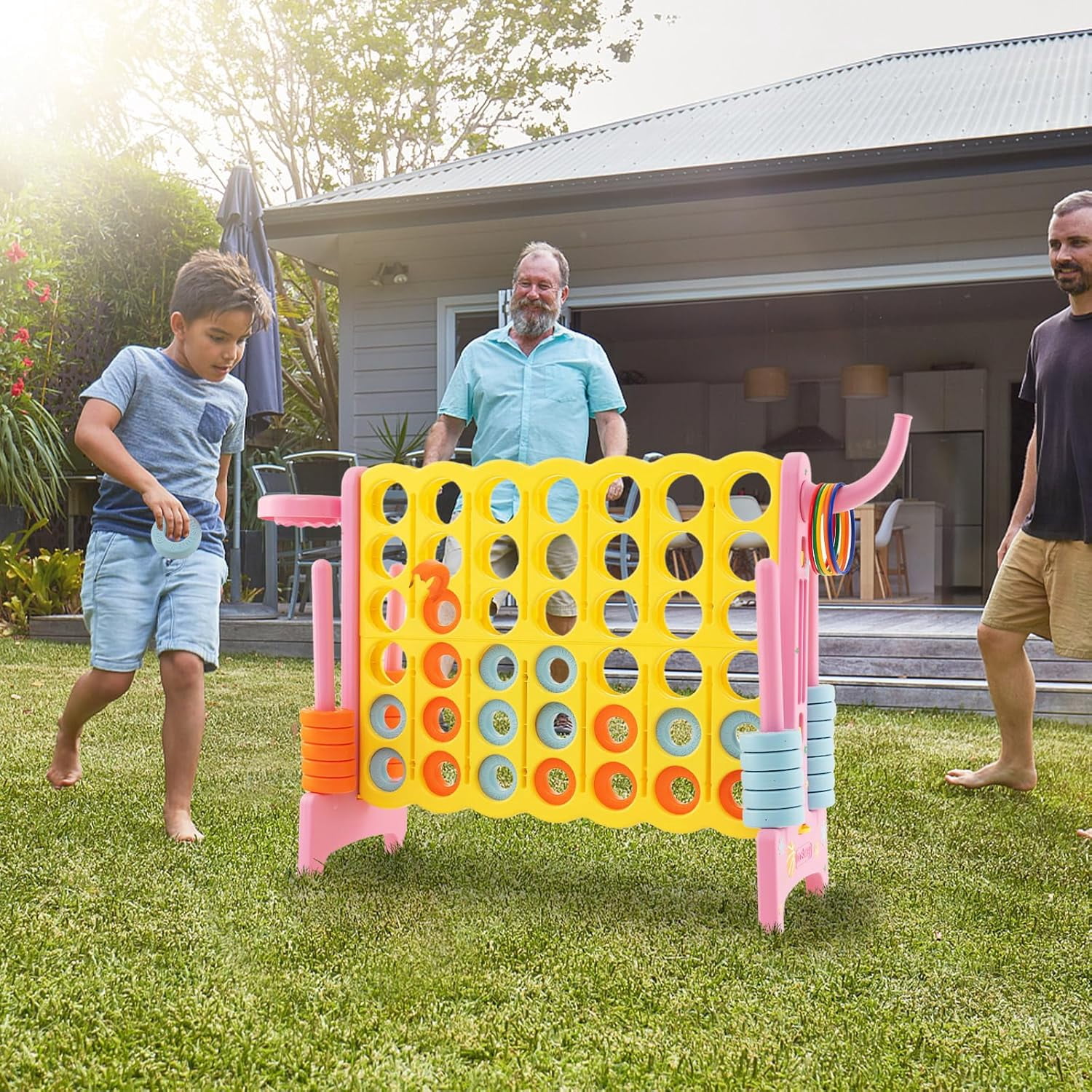 HJTER Jumbo 4-to-Score Giant Game Set for Kids & Adults, 2.5Ft Indoor Outdoor Game with Basketball Hoop, Ring Game, 42 Jumbo Rings, Quick-Release Slider, Perfect for Birth & Holiday Party