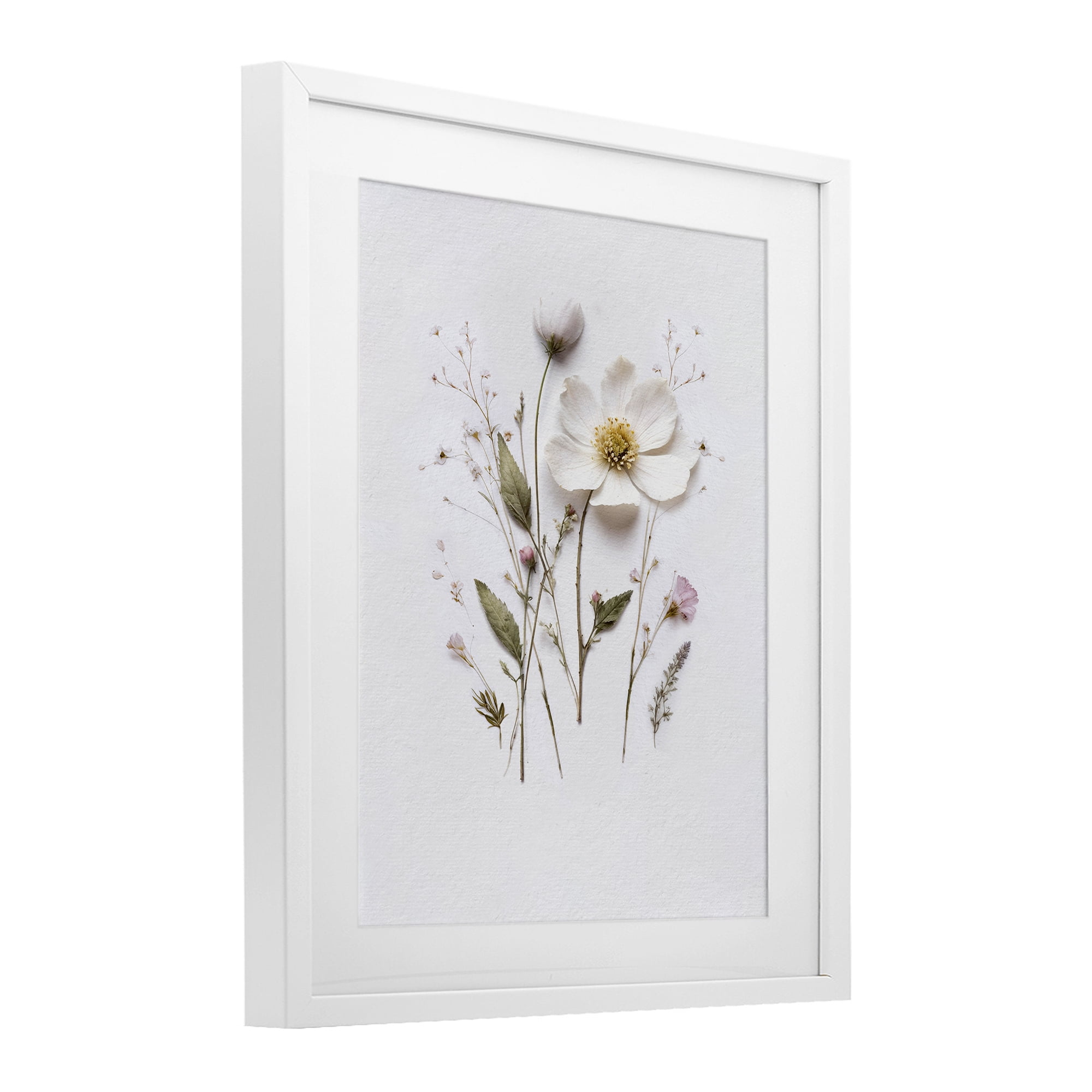 Delicate Pressed Flower Sprigs White Framed Print Under Glass, design by Lettered and Lined